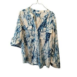 Calvin Klein Button Down Shirt Women's SZ L Blue/White Band Collar Split Neck